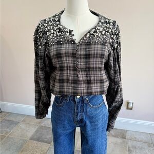 Anthropologie Akemi + Kin Pearl Embellished Plaid Blouse – Size She